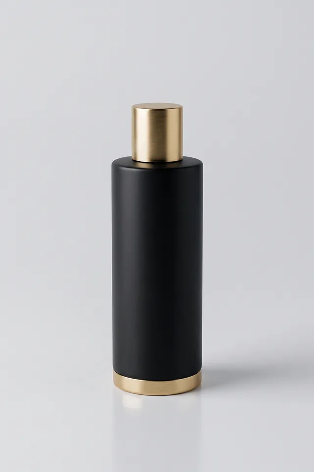 Photo 1: a tall matte-black cylindrical bottle with a brushed gold cap and a gold base ring on a plain light background