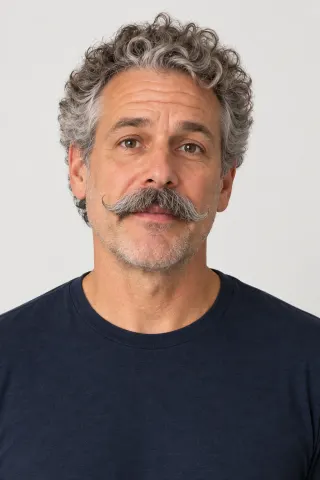 Frontal portrait of a fictional man about 55 with gray curls and a gray mustache