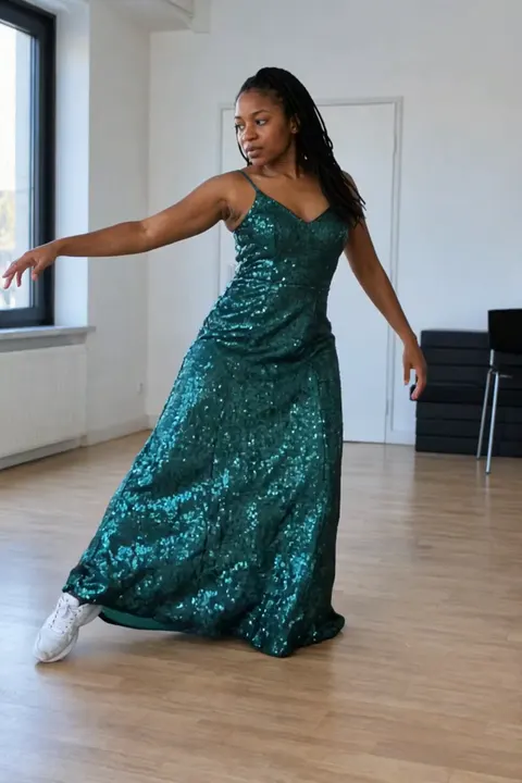 Actual Aisma result: Emerald shimmer outfit on the same fifteen-second room dance. This is a complete real Aisma edit.