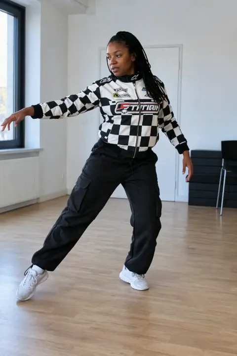 Actual Aisma result: Checker race outfit on the same fifteen-second room dance. This is a complete real Aisma edit.