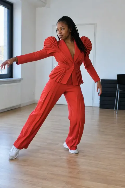Actual Aisma result: Scarlet sculpture outfit on the same fifteen-second room dance. This is a complete real Aisma edit.