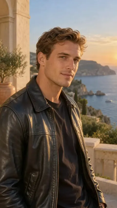 Actual Aisma result: The same moment on the terrace in a black leather jacket over a plain black T-shirt.