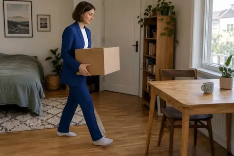 Actual Aisma result: The same box carried to the table in a cobalt-blue tailored suit.