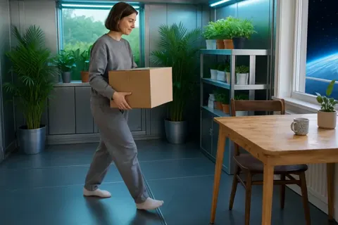 Actual Aisma result: The same box carried to the table inside an orbital greenhouse with Earth in the window.