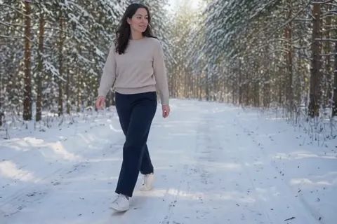 Actual Aisma result: The same walk along a snowy pine forest path in bright winter daylight.